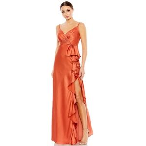 mac duggal halter polka dot ruffle charmeuse maxi dress Beige Tiered Ruffle Polka Dot Charmeuse Gown